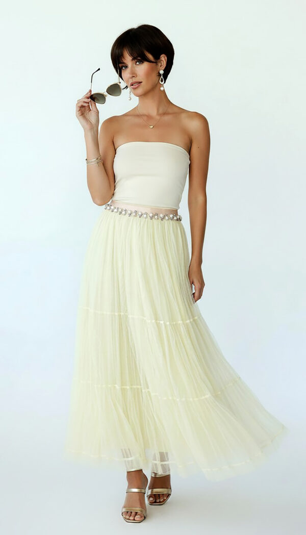 Gelbe Oversize Damen Tüllrock Maxi mit Perlendetails – Langer Damenrock Großhandel (11) Gelbe Oversize Damen Tüllrock Maxi mit Perlendetails