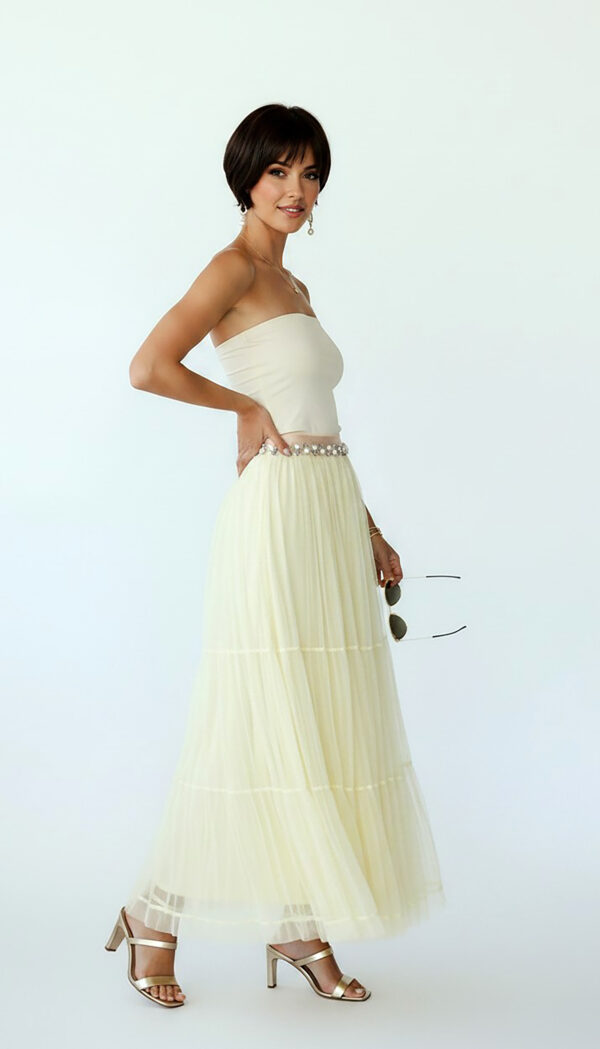 Gelbe Oversize Damen Tüllrock Maxi mit Perlendetails – Langer Damenrock Großhandel (14) Gelbe Oversize Damen Tüllrock Maxi mit Perlendetails