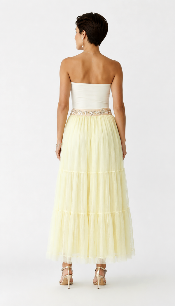 Gelbe Oversize Damen Tüllrock Maxi mit Perlendetails – Langer Damenrock Großhandel (9) Gelbe Oversize Damen Tüllrock Maxi mit Perlendetails