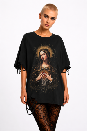 Heilige Maria Strass Oversize Shirt Schwarz mit sakralem Motiv und hochwertigen Strassteinen