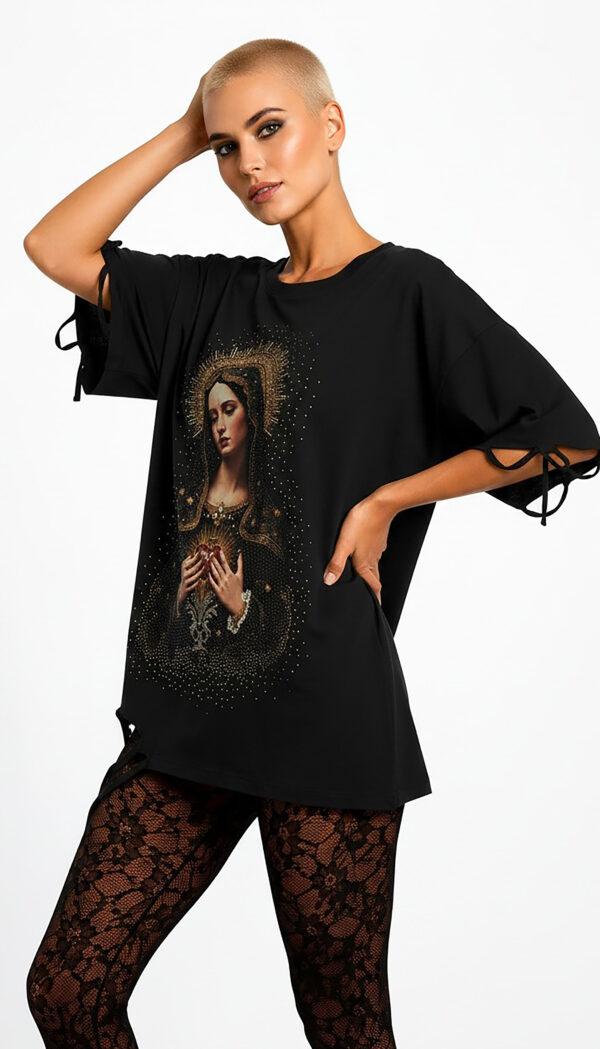Heilige Maria Strass Oversize Shirt Großhandel Lot 2 Stück – Gothic Damen Longshirt Schwarz (3) Heilige Maria Strass Oversize Shirt Schwarz mit sakralem Motiv und hochwertigen Strassteinen