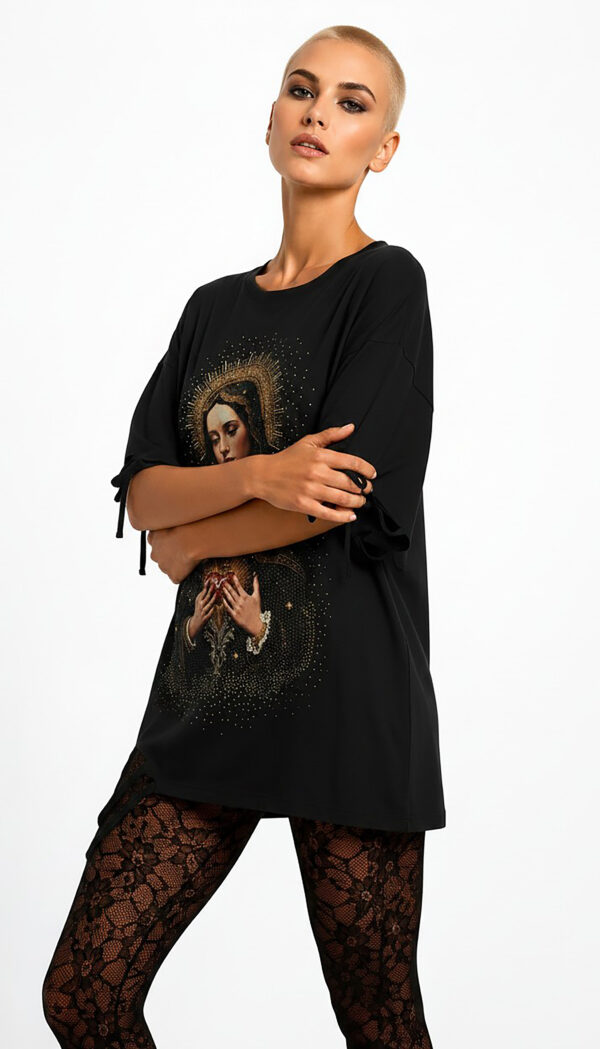 Heilige Maria Strass Oversize Shirt Großhandel Lot 2 Stück – Gothic Damen Longshirt Schwarz (4) Heilige Maria Strass Oversize Shirt Schwarz mit sakralem Motiv und hochwertigen Strassteinen
