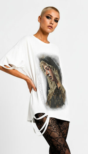 Heilige Maria Strass Oversize Shirt Weiß mit hochwertigem Print und Strassteinen