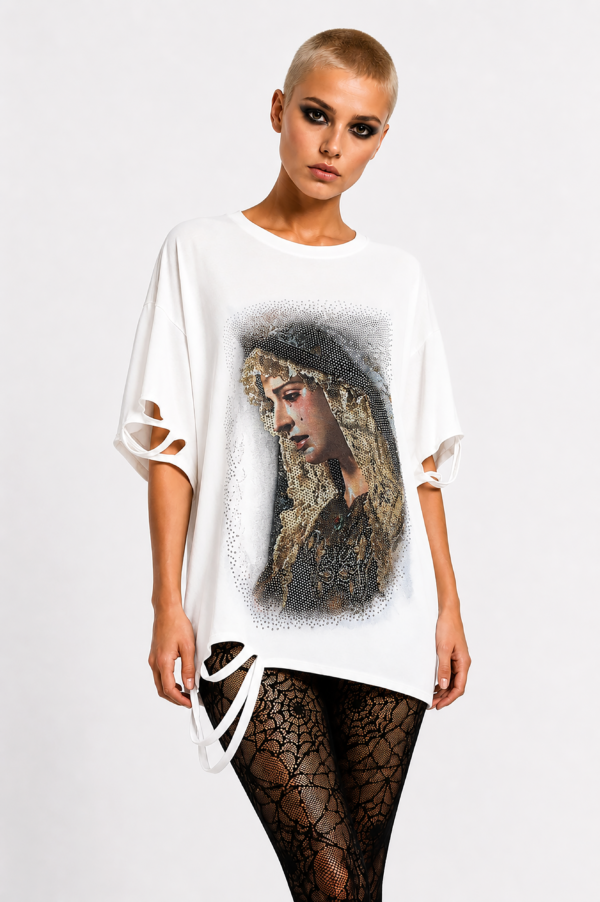 Heilige Maria Strass Oversize Shirt Großhandel Lot 2 Stück – Gothic Damen Longshirt Weiß (1) Heilige Maria Strass Oversize Shirt Weiß mit hochwertigem Print und Strassteinen