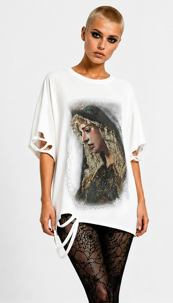 Heilige Maria Strass Oversize Shirt Großhandel Lot 2 Stück – Gothic Damen Longshirt Weiß (3) Heilige Maria Strass Oversize Shirt Weiß mit hochwertigem Print und Strassteinen