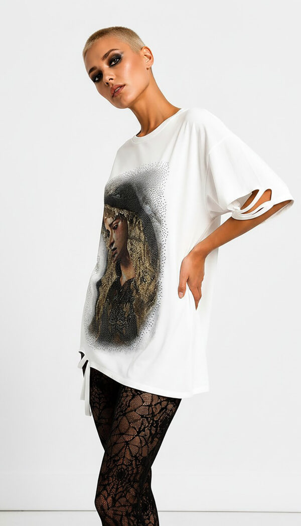 Heilige Maria Strass Oversize Shirt Großhandel Lot 2 Stück – Gothic Damen Longshirt Weiß (5) Heilige Maria Strass Oversize Shirt Weiß mit hochwertigem Print und Strassteinen