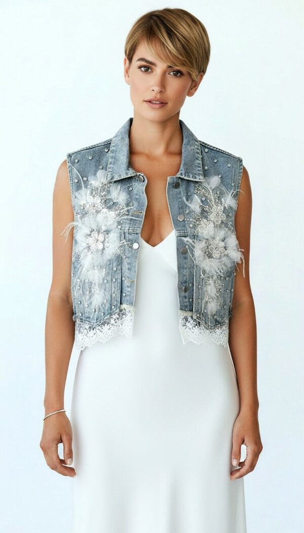 Hellblaue Oversize Damen Jeansweste mit Strass und Spitzenapplikation Großhandel (11) Hellblaue Oversize Damen Jeansweste mit Strass und Spitzenapplikation Großhandel