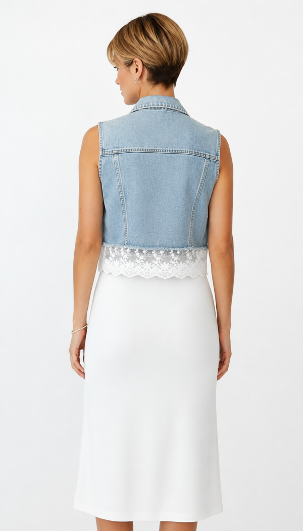 Hellblaue Oversize Damen Jeansweste mit Strass und Spitzenapplikation Großhandel (6) Hellblaue Oversize Damen Jeansweste mit Strass und Spitzenapplikation Großhandel