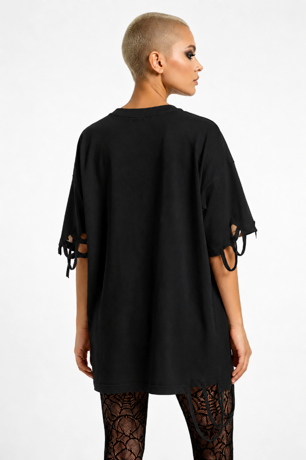 Kreuz Strass Oversize Shirt Großhandel Lot 2 Stück – Gothic Damen Longshirt Schwarz (1) Kreuz Strass Oversize Shirt Schwarz mit Schmuckstein-Kreuz und hochwertigen Strassteinen