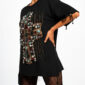 Kreuz Strass Oversize Shirt Schwarz mit Schmuckstein-Kreuz und hochwertigen Strassteinen