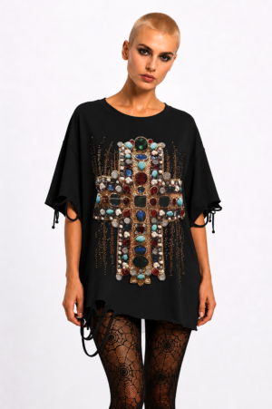 Kreuz Strass Oversize Shirt Schwarz mit Schmuckstein-Kreuz und hochwertigen Strassteinen