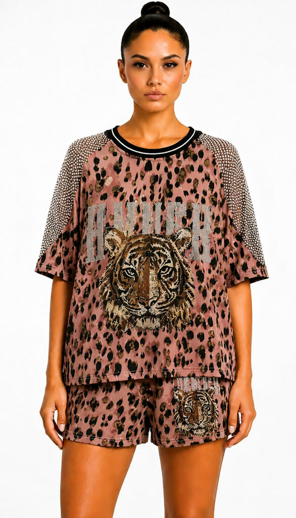 Leoparden Zweiteiler Großhandel, Oversize T-Shirt mit Tiger Strassmotiv und Netzärmeln, passende Shorts im Leopardenprint, rosemodee.de