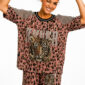 Leoparden Zweiteiler Großhandel, Oversize T-Shirt mit Tiger Strassmotiv und Netzärmeln, passende Shorts im Leopardenprint, rosemodee.de
