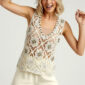 Luxury Boho Häkel Top in Naturbeige mit Perlen, Pailletten und hochwertigen Strassteinen im Ibiza Style