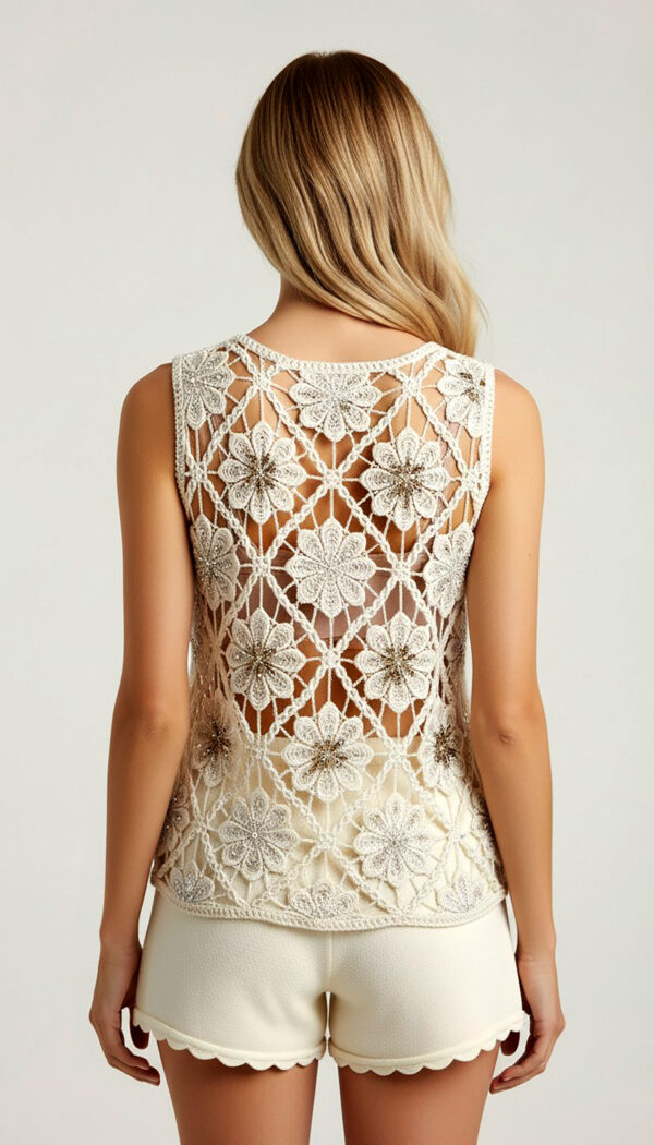 Luxury Boho Häkel Top in Naturbeige mit Perlen, Pailletten und hochwertigen Strassteinen im Ibiza Style (4) Luxury Boho Häkel Top in Naturbeige mit Perlen, Pailletten und hochwertigen Strassteinen im Ibiza Style
