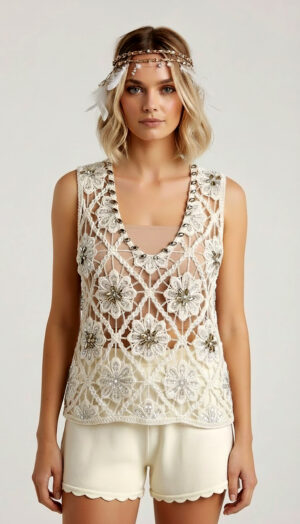 Luxury Boho Häkel Top in Naturbeige mit Perlen, Pailletten und hochwertigen Strassteinen im Ibiza Style
