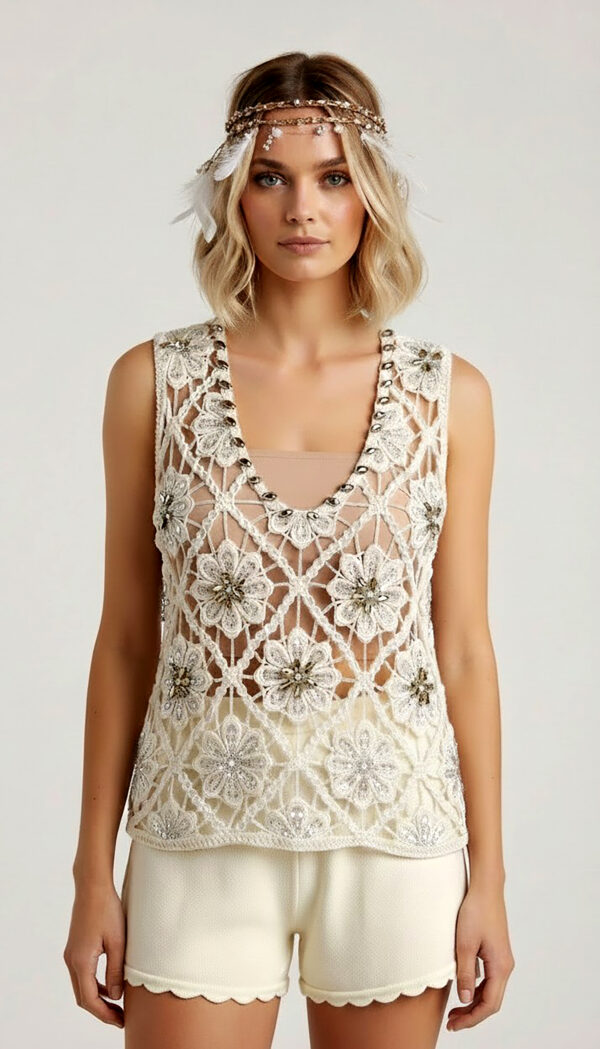 Luxury Boho Häkel Top in Naturbeige mit Perlen, Pailletten und hochwertigen Strassteinen im Ibiza Style
