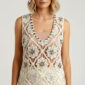 Luxury Boho Häkel Top in Naturbeige mit Perlen, Pailletten und hochwertigen Strassteinen im Ibiza Style