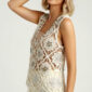 Luxury Boho Häkel Top in Naturbeige mit Perlen, Pailletten und hochwertigen Strassteinen im Ibiza Style