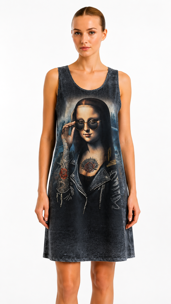 Mona Lisa Tunikakleid Großhandel, Acid Wash mit modern interpretiertem Kunstprint, Strassbrille und Rosentattoo, rosemodee.de