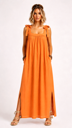 Oranges Maxikleid Großhandel, Boho Kleid mit Bindeträgern, Seitenschlitz und verdeckten Taschen, rosemodee.de