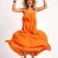 Oranges Maxikleid Großhandel, Boho Kleid mit Bindeträgern, Seitenschlitz und verdeckten Taschen, rosemodee.de