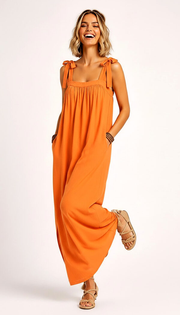 Oranges Maxikleid Großhandel, Boho Stil mit Bindeträgern und Seitenschlitz (2) Oranges Maxikleid Großhandel, Boho Kleid mit Bindeträgern, Seitenschlitz und verdeckten Taschen, rosemodee.de