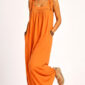 Oranges Maxikleid Großhandel, Boho Kleid mit Bindeträgern, Seitenschlitz und verdeckten Taschen, rosemodee.de