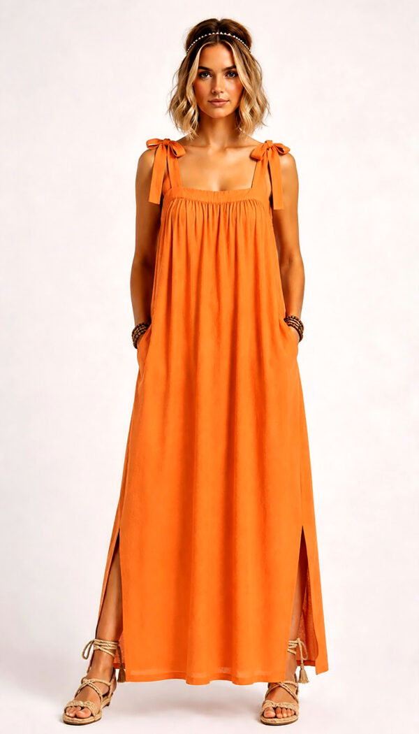 Oranges Maxikleid Großhandel, Boho Stil mit Bindeträgern und Seitenschlitz (4) Oranges Maxikleid Großhandel, Boho Kleid mit Bindeträgern, Seitenschlitz und verdeckten Taschen, rosemodee.de
