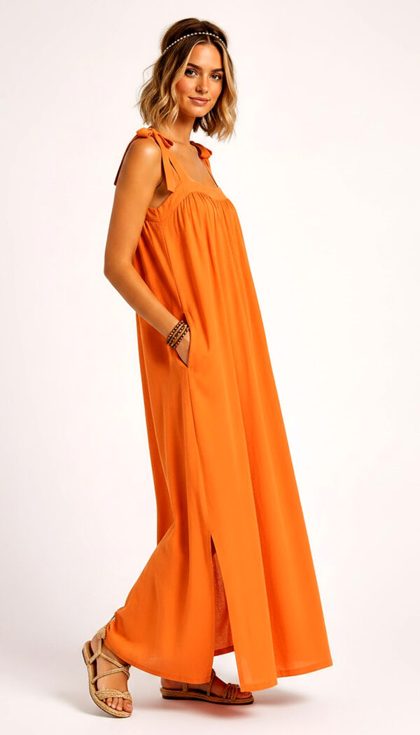 Oranges Maxikleid Großhandel, Boho Stil mit Bindeträgern und Seitenschlitz (5) Oranges Maxikleid Großhandel, Boho Kleid mit Bindeträgern, Seitenschlitz und verdeckten Taschen, rosemodee.de