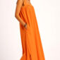 Oranges Maxikleid Großhandel, Boho Kleid mit Bindeträgern, Seitenschlitz und verdeckten Taschen, rosemodee.de