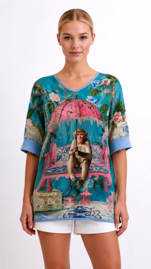 Oversize Affenmotiv Shirt Großhandel, Chinoiserie Print mit Affe, Strasssonnenschirm und Strassbank, rosemodee.de