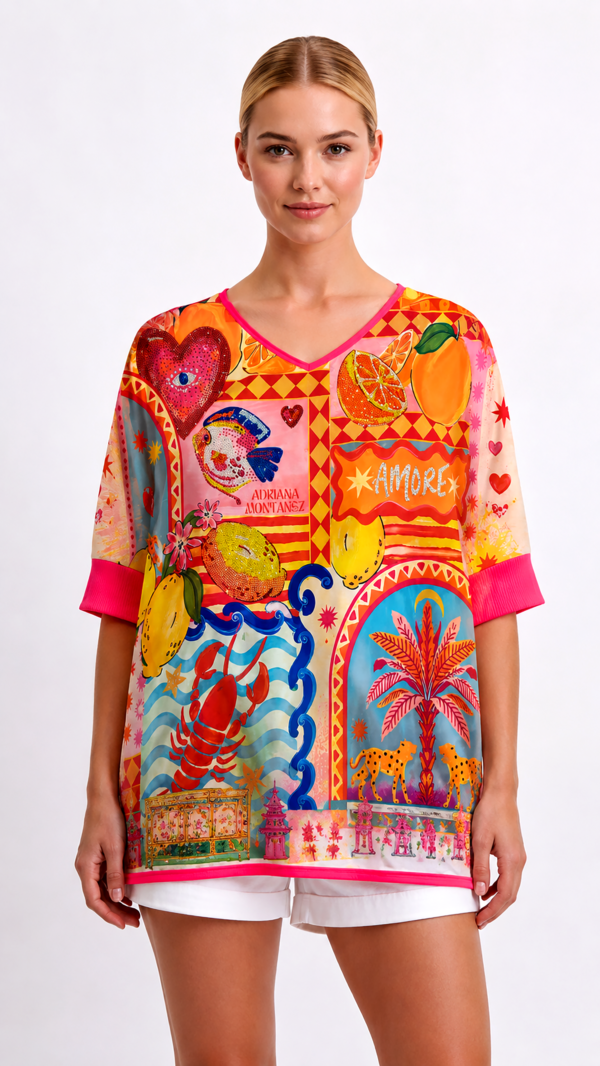 Oversize Amalfi Shirt Großhandel, mediterraner Print mit Amore Schriftzug, Pailletten Zitrusfrüchten und Strassherz, rosemodee.de