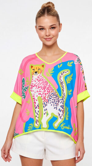 Oversize Gepard Shirt Großhandel, Pop Art Print mit Strassfell und buntem Dschungelmotiv, rosemodee.de