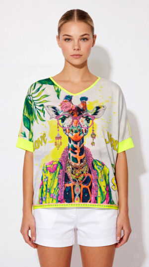 Oversize Giraffe Shirt Großhandel, Fledermausärmel Shirt mit Boho Giraffenprint, Strassbesatz und tropischem Blätterdruck, rosemodee.de
