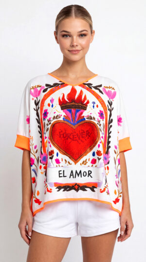 Oversize Herz Shirt Großhandel, Shirt mit flammendem Herz, El Amor Schriftzug und Strassbesatz im Folk Art Stil, rosemodee.de