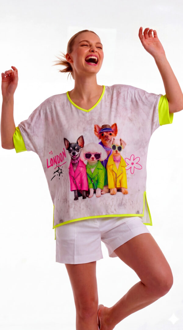 Oversize Hunde Shirt Großhandel, London Print mit Strassbesatz (1) Oversize Hunde Shirt Großhandel, Fledermausärmel Shirt mit London Hundeprint, Strassbesatz und Graffiti Rückendruck, rosemodee.de