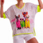 Oversize Hunde Shirt Großhandel, Fledermausärmel Shirt mit London Hundeprint, Strassbesatz und Graffiti Rückendruck, rosemodee.de