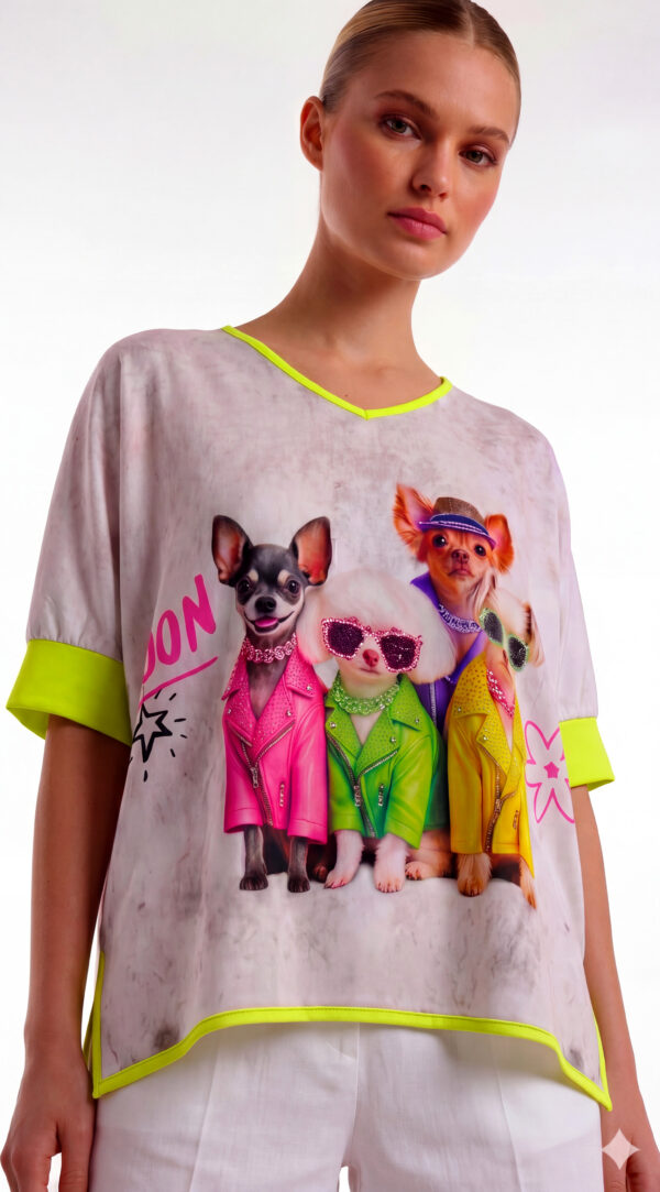 Oversize Hunde Shirt Großhandel, London Print mit Strassbesatz (4) Oversize Hunde Shirt Großhandel, Fledermausärmel Shirt mit London Hundeprint, Strassbesatz und Graffiti Rückendruck, rosemodee.de