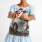 Oversize Shirt mit Hunde Auto Print und Strassdetails in Hellblau-Weiß