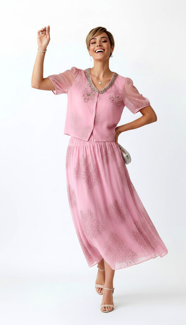 Pink Oversize Damen Blusen Rock Set mit Strass Großhandel (10) Pink Oversize Damen Blusen Rock Set mit Strass und transparenten Ärmeln