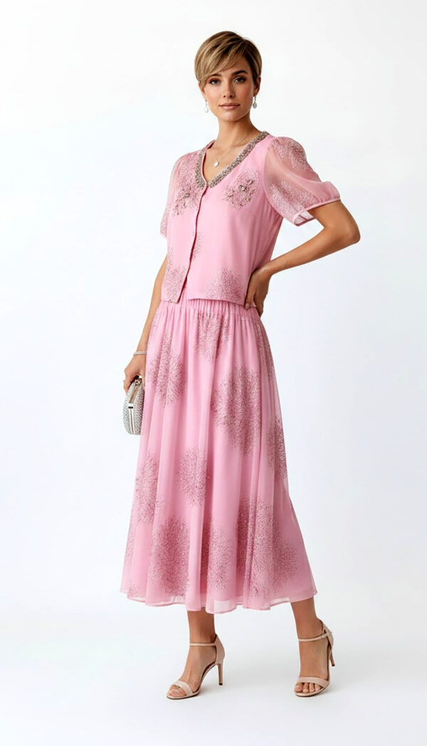 Pink Oversize Damen Blusen Rock Set mit Strass Großhandel (11) Pink Oversize Damen Blusen Rock Set mit Strass und transparenten Ärmeln
