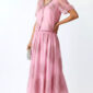 Pink Oversize Damen Blusen Rock Set mit Strass und transparenten Ärmeln