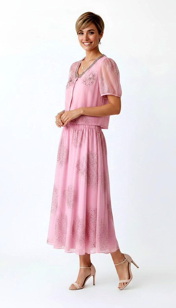 Pink Oversize Damen Blusen Rock Set mit Strass Großhandel (12) Pink Oversize Damen Blusen Rock Set mit Strass und transparenten Ärmeln