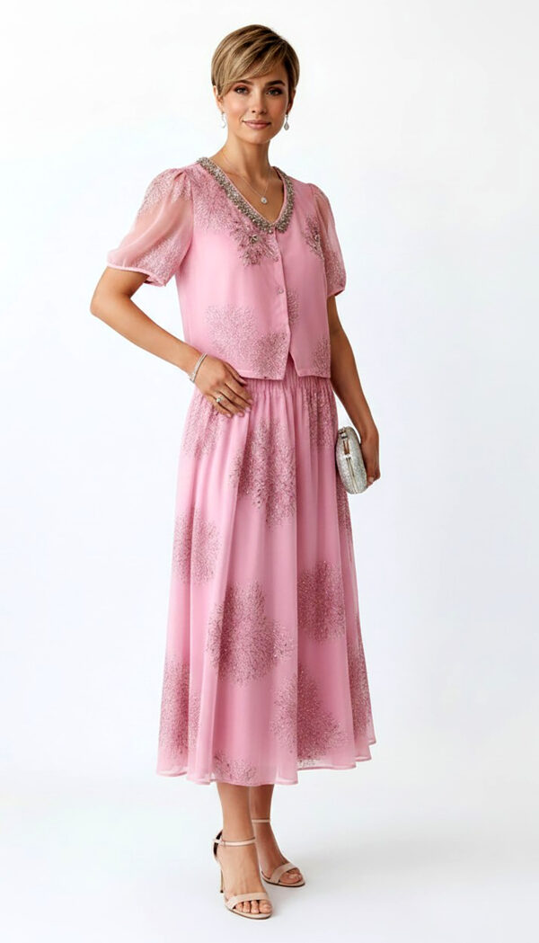 Pink Oversize Damen Blusen Rock Set mit Strass Großhandel (13) Pink Oversize Damen Blusen Rock Set mit Strass und transparenten Ärmeln