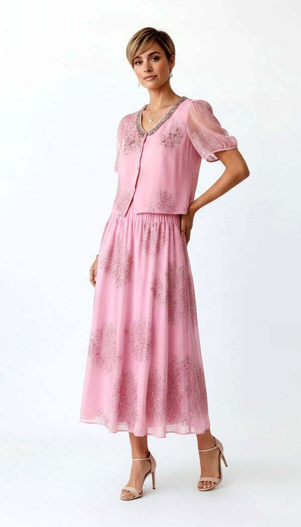 Pink Oversize Damen Blusen Rock Set mit Strass Großhandel (14) Pink Oversize Damen Blusen Rock Set mit Strass und transparenten Ärmeln
