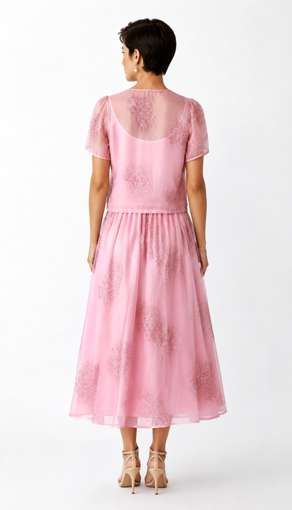 Pink Oversize Damen Blusen Rock Set mit Strass Großhandel (8) Pink Oversize Damen Blusen Rock Set mit Strass und transparenten Ärmeln