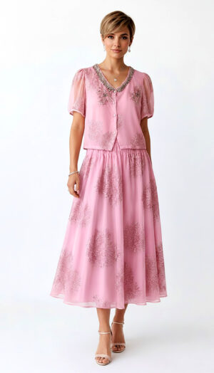 Pink Oversize Damen Blusen Rock Set mit Strass und transparenten Ärmeln