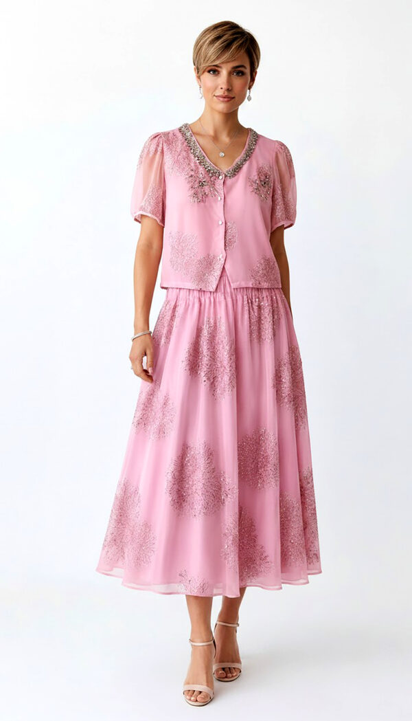 Pink Oversize Damen Blusen Rock Set mit Strass und transparenten Ärmeln