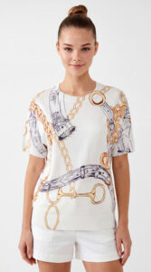 Print Shirt Großhandel Tencel Kette, illustrativer Reitmotiv Print mit goldenen Ketten und Strassriemen, rosemodee.de